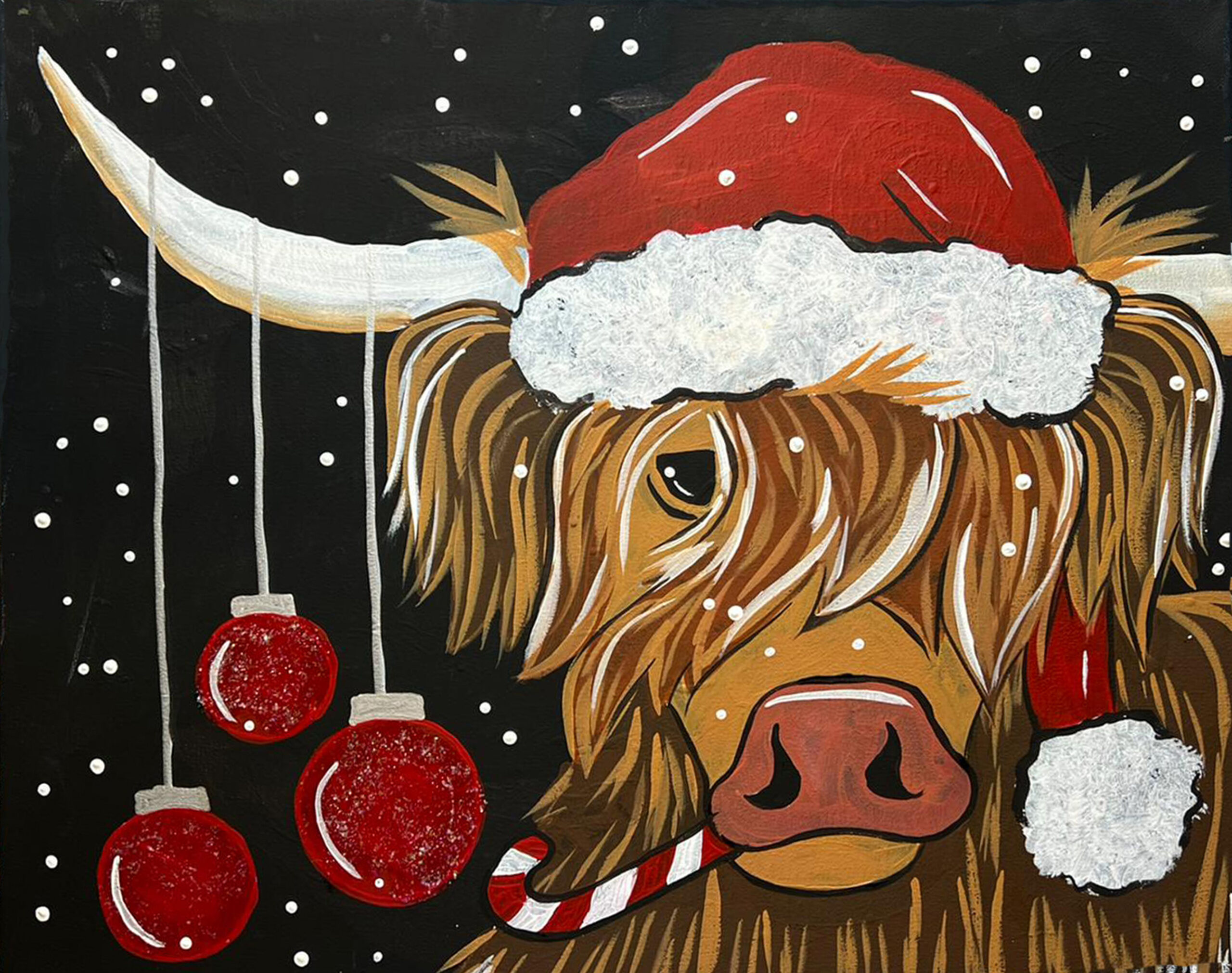 Highland cow with santa hat and christmas ornaments