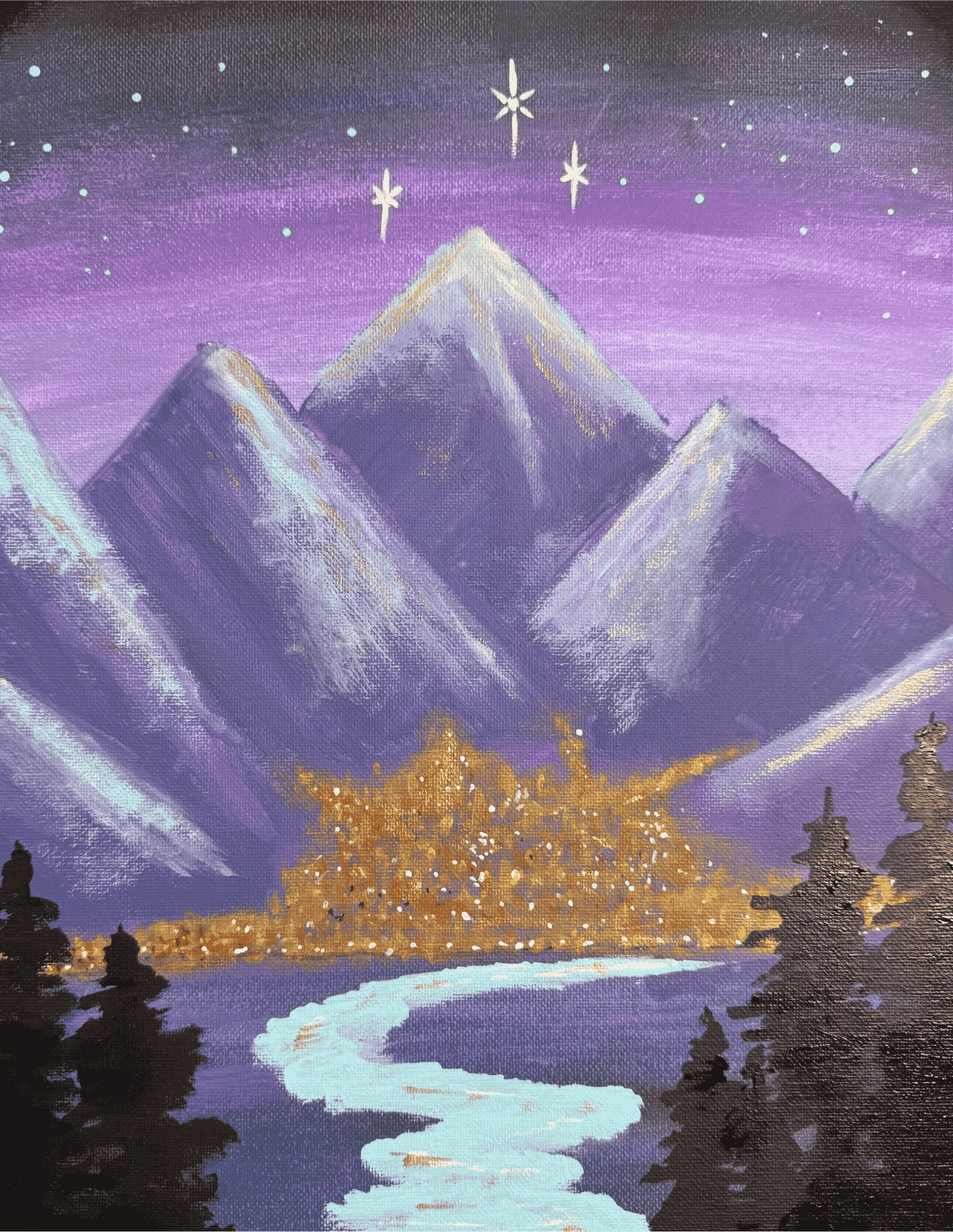 Purple sky and mountains with three bright stars. Velaris, Star City, ACOTAR