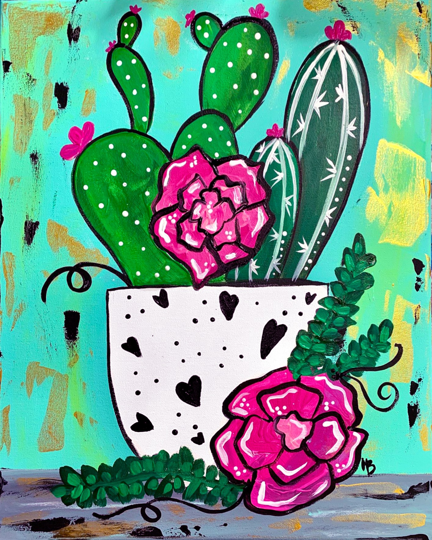 Acrylic painting of green cacti and pink flowers in a white pot with black hearts and dots. 