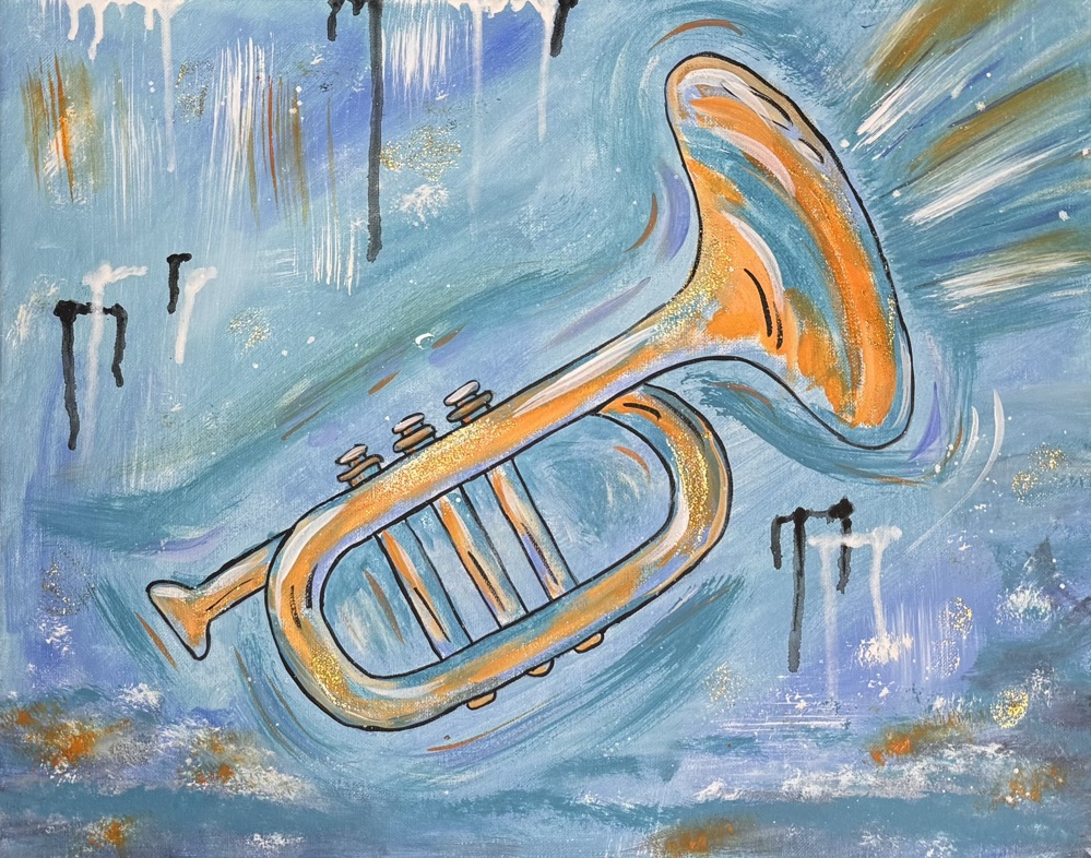 Acrylic painting of a golden trumpet on a blue background