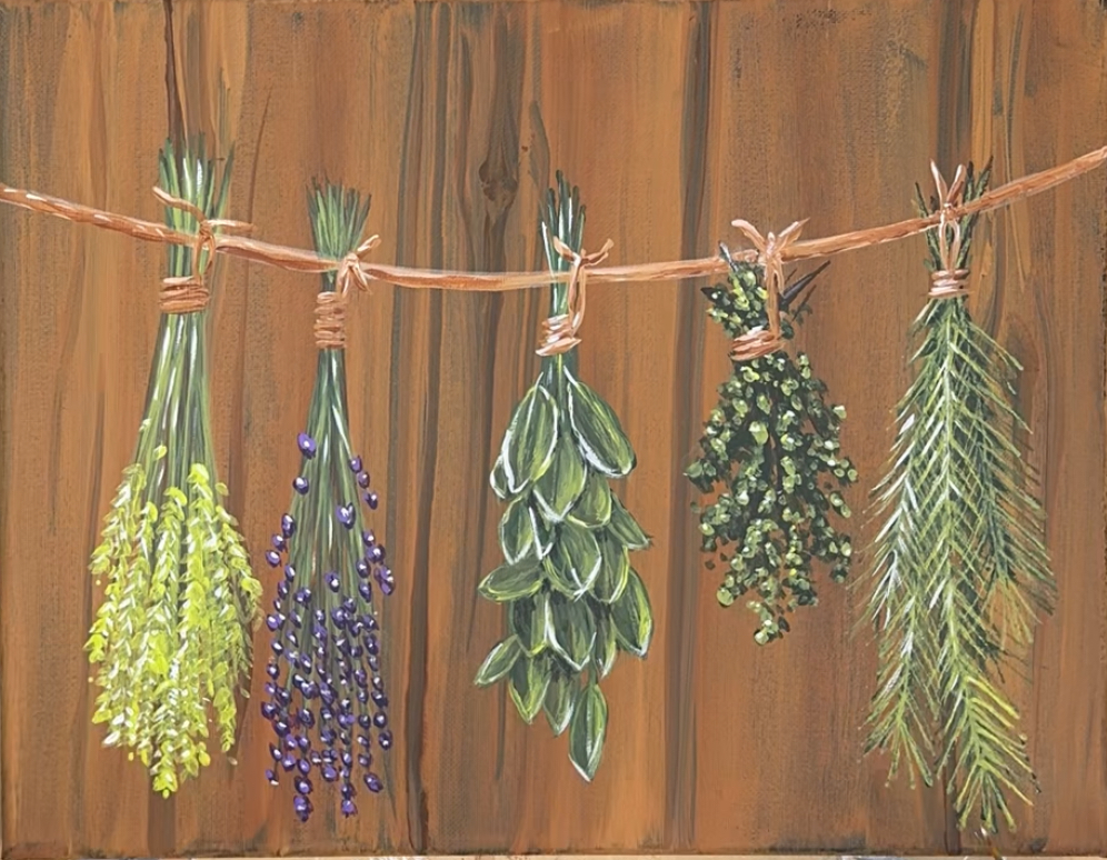IMG_4709 Acrylic painting of herbs hanging from twine in front of a wooden backdrop.